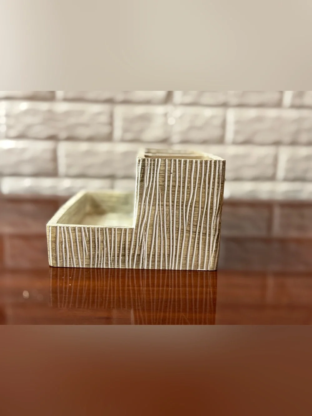 Woodgrain Look - 3-Compartment Desk Organizer in White and Tan